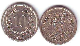 Foto Österreich-Münzen: 10 Heller Kupfer-Nickel Umlaufmünze Wappenadler 1915 und 1916