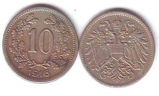 Foto Österreich-Münzen: 10 Heller Kupfer-Nickel Umlaufmünze Wappenadler nur 1916