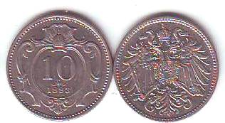 Foto Österreich-Münzen: 10 Heller Nickel Umlaufmünze Wappenadler 1892 bis 1916
