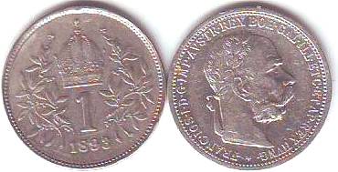 Foto Österreich-Münzen: 1 Krone Silber Umlaufmünze Franz Joseph I 1892 bis 1907