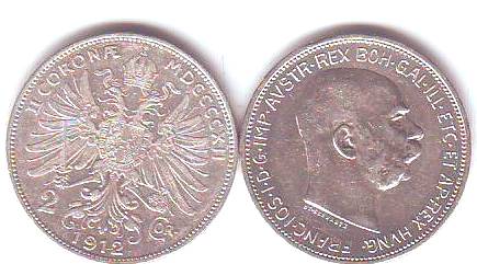 Foto Österreich-Münzen: 2 Kronen Silber Umlaufmünze Franz Joseph I 1912 und 1913