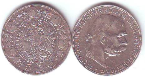 Foto Österreich-Münzen: 5 Kronen Silber Umlaufmünze Franz Joseph I 1900 und 1907