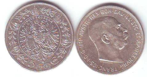 Foto Österreich-Münzen: 5 Kronen Silber Umlaufmünze Franz Joseph I nur 1909, kurzer Hals