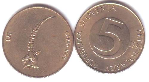 Foto Umlaufmünzen Osteuropa: 5 Tolariev Slowenien 1994