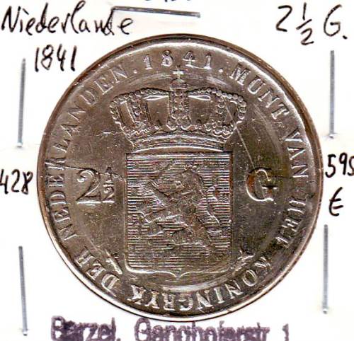 Foto Münzen: Niederlande Silbermünze: 2 1/2 Gulden 1841