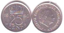Foto Niederlande-Münzen: 25 Cents Nickel Juliana 1948 bis 1980